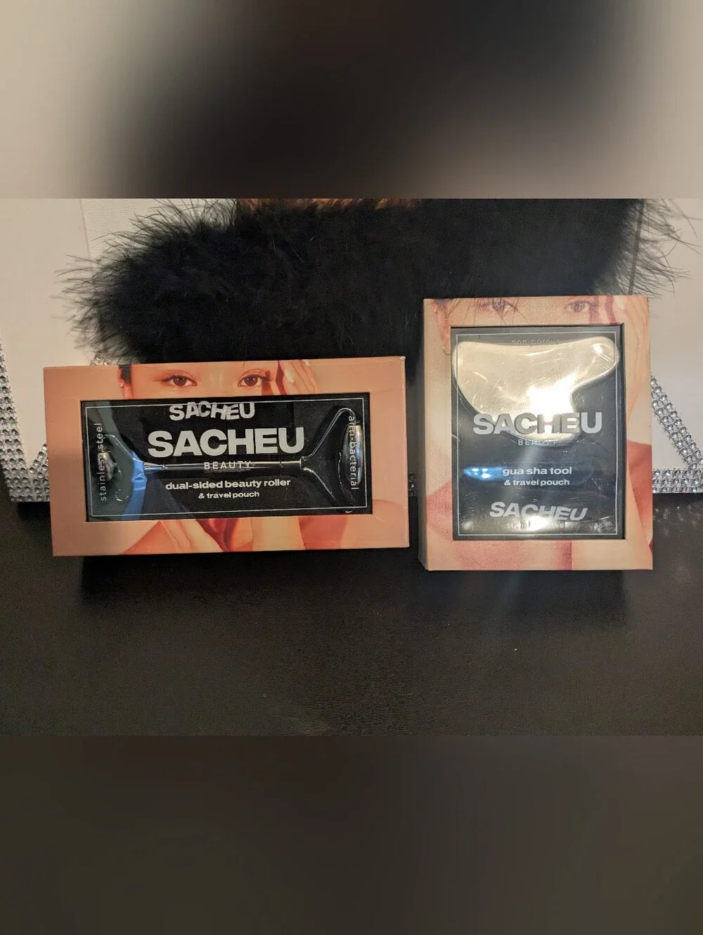 Sacheu Stainless Steel Facial Skincare Roller & Gua Sha Tool w/Storage Pouches